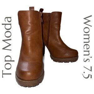 Top Moda - Brown Chunky Heel Ankle Boots - Women’s 7.5 - Side Zip